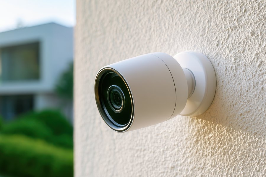 Cámara de seguridad instalada en el muro exterior de una vivienda